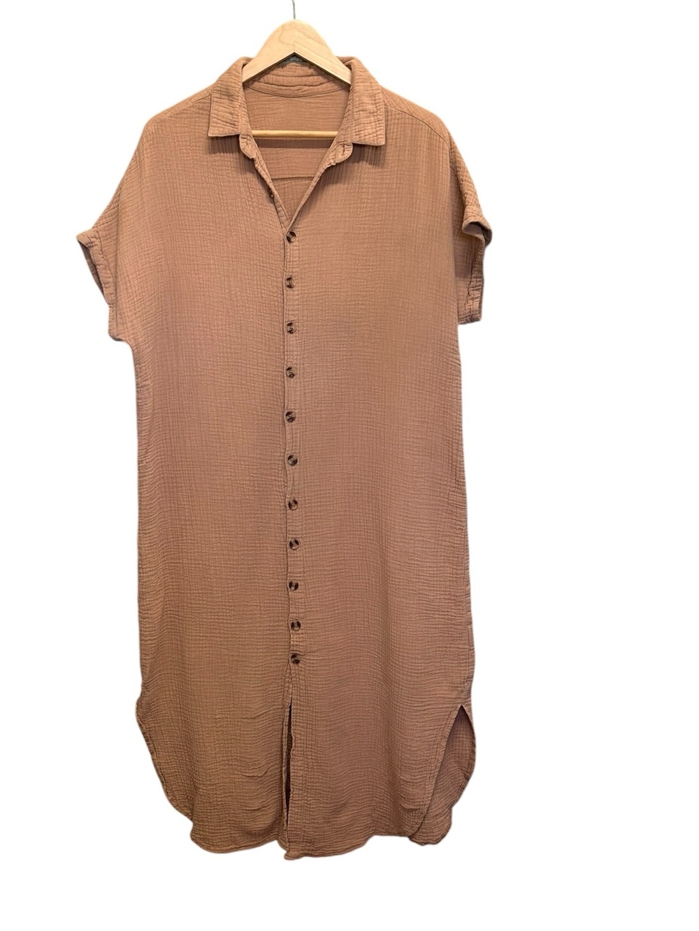 Breezy Gauze Midi Button Front Shirt Dress Terracotta Size L - Picture 2 of 5
